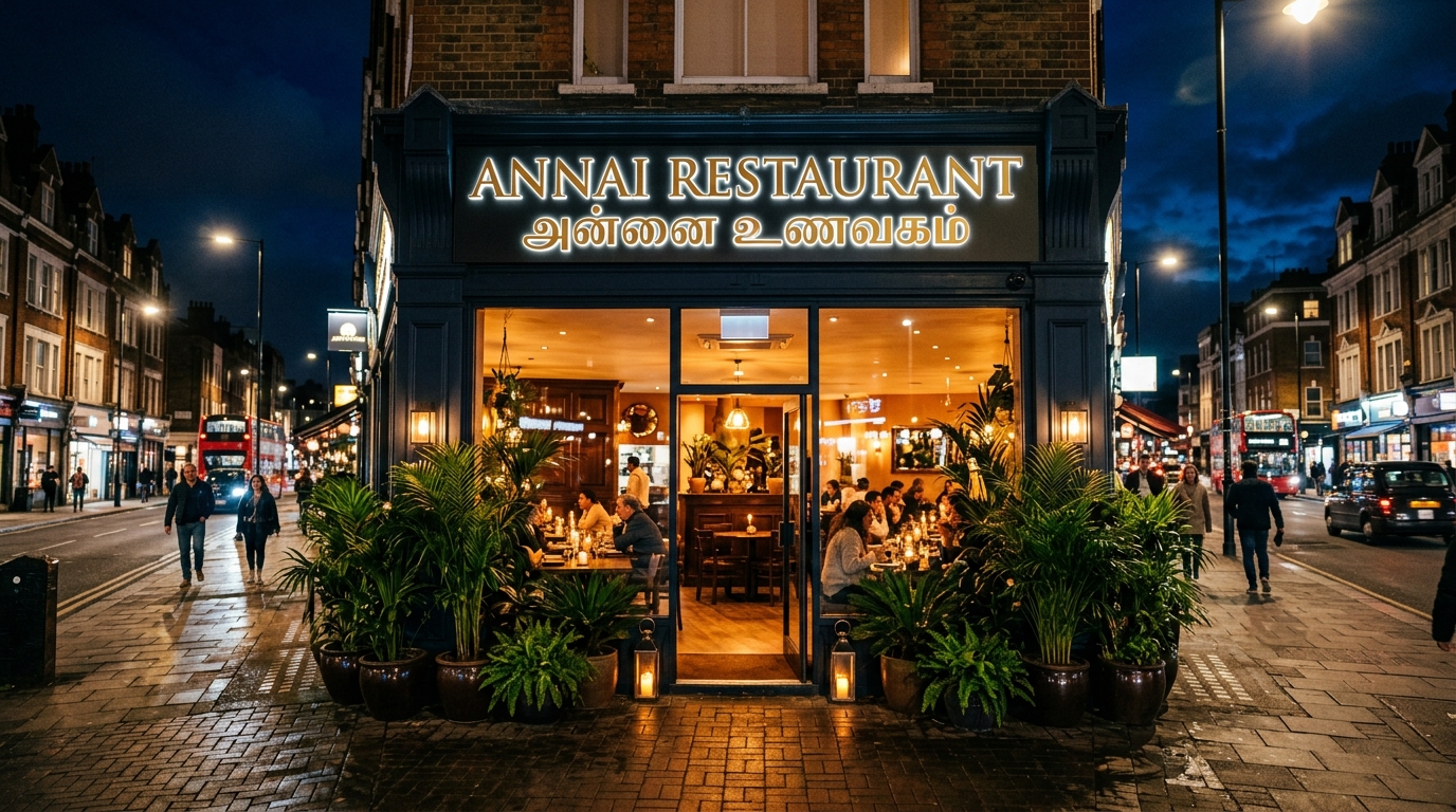 Annai Restaurant Exterior Storefront at Night